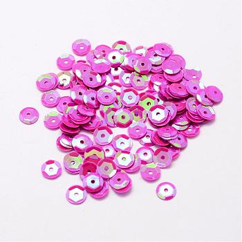Plastic Paillette Beads, Semi-cupped Sequins Beads, Center Hole, Fuchsia, 8x0.5mm, Hole: 1mm