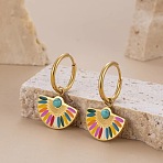 Alloy Enamel Fan Hoop Earrings, with Synthetic Turquoise, Golden, Colorful, 40mm(FS-WGDB6C8-01)