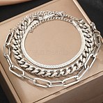 3Pcs 3 Styles 304 Stainless Steel Chain Bracelet Set, Paperclip & Snake & Cuban Chain Bracelets for Women Men, Stainless Steel Color, 6-7/8~7-1/2 inch(17.5~19cm), 3pcs/set(BJEW-F505-01P)
