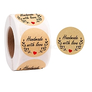 Self Adhesive Kraft Paper Handmade with Love Gift Stickers Roll, Round Dot Gift Sealing Decals with Flower, for Gift Warpping, BurlyWood, 25mm, 500pcs/roll(PW-WG22279-02)