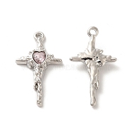 Rack Plating Alloy Pandants, with Glass, Nickel Free, Cross with Heart Charms, Platinum, Pink, 27.5x16x4.5mm, Hole: 1.5mm(PALLOY-O106-06P-01)
