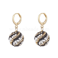Handmade MIYUKI Japanese Seed Braided Round Ball Dangle Leverback Earrings, Real 18K Gold Plated Brass Jewelry for Women, Black, 31.5~32mm, Pin: 1mm(EJEW-MZ00073-03)