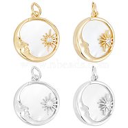 4Pcs 2 Colors Brass Micro Pave Clear Cubic Zirconia Pendants, with Shell & Jump Ring, Long-Lasting Plated, Flat Round with Moon & Sun, Real Gold Plated & Real Platinum Plated, 17.5x16x3.5mm, Hole: 3mm, 2pcs/color(ZIRC-BBC0001-40)