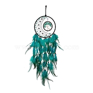 Iron Woven Web/Net with Feather Pendant Decorations, with Plastic,  Synthetic Turquoise & Wood Beads, Covered with Leather and Brass Cord, Flat Round with Tree of Life & Moon, Dark Cyan, 600mm(AJEW-B017-23)