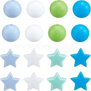 PandaHall Elite 40Pcs 8 Style Food Grade Eco-Friendly Silicone Beads, Chewing Beads For Teethers, DIY Nursing Necklaces Making, Round & Star, Mixed Color, 12~14x12~13.5x8~12mm, Hole: 2mm, 40pcs/box(SIL-PH0001-06B)