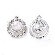 Alloy Crystal Rhinestone Pendants, with ABS Plastic Imitation Pearl, Flat Round Charms, Platinum, 19x15.5x9mm, Hole: 1.8mm(ALRI-H004-14P)