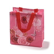 Mother's Day Theme Printed Flower Non-Woven Reusable Folding Gift Bags with Handle, Portable Waterproof Shopping Bag for Gift Wrapping, Rectangle, Cerise, 11x21.5x23cm, Fold: 28x21.5x0.1cm(ABAG-F009-C04)