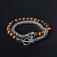 Natural Tiger Eye & Stainless Steel Skull Beaded Bracelet with Wheat Chains, 8-1/4 inch(21cm)(PW-WG61835-02)