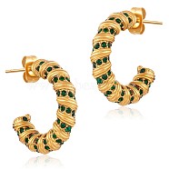 Cubic Zirconia C-shape Stud Earrings, Gold Plated 304 Stainless Steel Half Hoop Earrings for Women, Green, 22x4mm(JE952A)