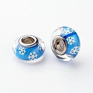 Resin European Beads, Christmas Theme, Large Hole Rondelle Beads, with Snowflake Pattern and Brass Double Cores, Platinum, Deep Sky Blue, 14x8mm, Hole: 5mm(RPDL-H003-01A)