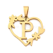 Ion Plating(IP) 201 Stainless Steel Pendants, Heart with Letter Charms, Golden, Letter P, 23x25x1.5mm, Hole: 7.5x3.5mm(STAS-N103-183G-P)