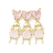 Rack Plating Brass Pendant, with Pink Glass, Lead Free & Cadmium Free, Triple Girl Charms, Real 18K Gold Plated, 34x28x5.5mm, Hole: 1mm(KK-H443-09G)