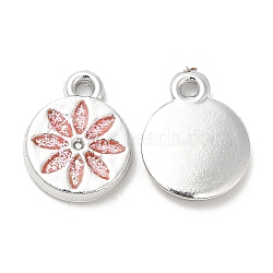 CCB Plastic Pendants, with Glitter Powder, Flat Round with Flower, Platinum, Red, 16x12x2.5mm(CCB-TAC0003-04)