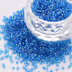 Glass Cylinder Beads, Seed Beads, Transparent Colours Rainbow, Round Hole, Dodger Blue, 1.5~2x1~2mm, Hole: 0.8mm, about 8000pcs/bag, about 1pound/bag(SEED-S047-J-002)