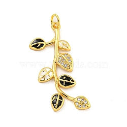 Real 18K Gold Plated Brass Micro Pave Cubic Zirconia Pendants, with Enamel and Jump Rings, Leaf, Colorful, 32x19x2mm(KK-R159-44G-01)