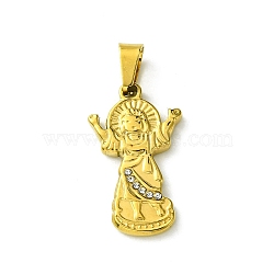 PVD Vacuum Plating 304 Stainless Steel Pendants, with Rhinestone, Saint Charm, Religion, Golden, 26x15x2.5mm, Hole: 7.5x3.5mm(STAS-H192-02G)