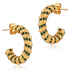 Cubic Zirconia C-shape Stud Earrings, Gold Plated 304 Stainless Steel Half Hoop Earrings for Women, Green, 22x4mm(JE952A)