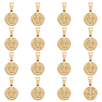 Unicraftale 304 Stainless Steel Pendants, Religion, Flat Round with Saint Benedict, Golden, 15x12x2mm, Hole: 5x3mm, 16pcs/box