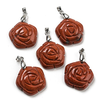 Natural Red Jasper Carved Pendants, Flower Charms with Rack Plating Platinum Plated Brass Pinch Bails, 30x22.5x7.5mm, Hole: 4.5x4mm