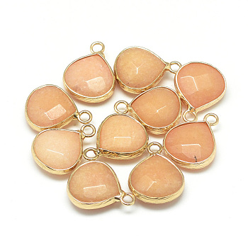 Natural White Jade Pendants, with Nickel Free Brass Findings, Faceted, Dyed, teardrop, Golden, Sandy Brown, 17.5x13.5x6.5mm, Hole: 2mm