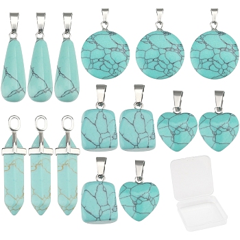 SUNNYCLUE 20Pcs 5 Style Dyed Synthetic Turquoise Pendants, with Stainless Steel Snap On Bails, Nuggets & Teardrop & Heart & Flat Round & Bullet, 28~30x10~12mm, Hole: 6x4mm, 4pcs/style