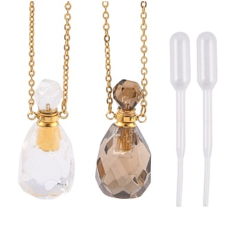 Natural Gemstone Perfume Bottle Pendant Necklaces, with Stainless Steel Cable Chain and Plastic Dropper, Bottle, Golden, 20.3 inch(51.7cm), Bottle Capacity: 0.15~0.3ml(0.005~0.01 fl. oz)