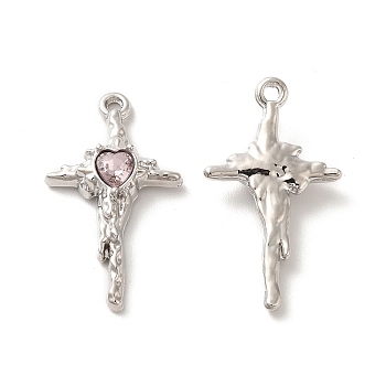 Rack Plating Alloy Pandants, with Glass, Nickel Free, Cross with Heart Charms, Platinum, Pink, 27.5x16x4.5mm, Hole: 1.5mm