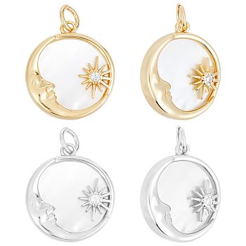 4Pcs 2 Colors Brass Micro Pave Clear Cubic Zirconia Pendants, with Shell & Jump Ring, Long-Lasting Plated, Flat Round with Moon & Sun, Real Gold Plated & Real Platinum Plated, 17.5x16x3.5mm, Hole: 3mm, 2pcs/color