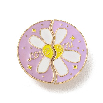 Valentine's Day Couple Alloy Brooches, Split Enamel Pins, Flat Round with Flower, 34mm