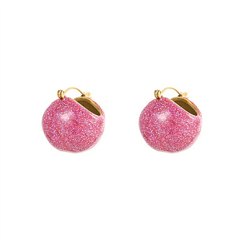 304 Stainless Steel Round Ball Hoop Earrings, with Resin, Hot Pink, 21.5x20mm