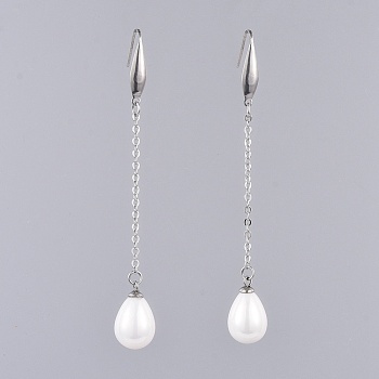 Shell Pearl Dangle Earrings, with Brass Cable Chains, 316 Surgical Stainless Steel Earring Hooks and Cardboard Jewelry Set Boxes, Teardrop, Platinum, 81mm, Pin: 0.7mm