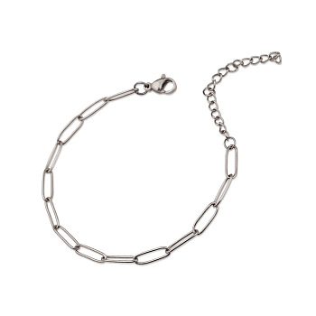 304 Stianless Steel Paperclip Chains, Drawn Elongated Cable Chains Bracelet Making, with Lobster Claw Clasps and Extension Chain, Stainless Steel Color, 7-1/8 inch(18cm)