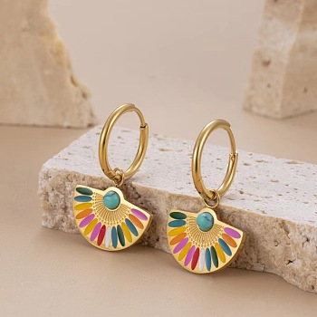 Alloy Enamel Fan Hoop Earrings, with Synthetic Turquoise, Golden, Colorful, 40mm
