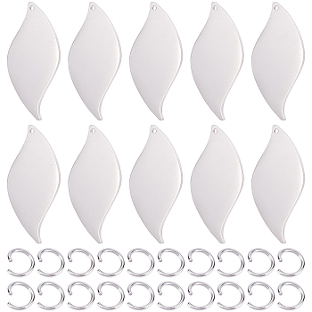 30Pcs 304 Stainless Steel Pendants, with 30Pcs Jump Rings, Leaf, Stainless Steel Color, 27x14x0.8mm, Hole: 1.2mm