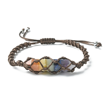 Chakra Theme Bullet Natural Mixed Gemstone Braided Bead Bracelet, Waxed Polyester Cord Macrame Pouch Adjustable Bracelets for Women, Inner Diameter: 2-3/8~3-3/4 inch(6~9.5cm)