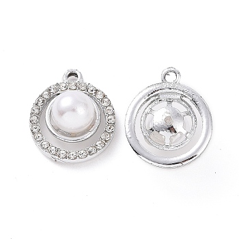 Alloy Crystal Rhinestone Pendants, with ABS Plastic Imitation Pearl, Flat Round Charms, Platinum, 19x15.5x9mm, Hole: 1.8mm