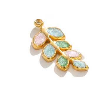 Stainless Steel Pendants, with Enamel, Golden, Leafy Branch Charms, Aqua, 20x8mm, Hole: 1.5mm