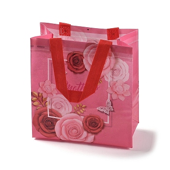 Mother's Day Theme Printed Flower Non-Woven Reusable Folding Gift Bags with Handle, Portable Waterproof Shopping Bag for Gift Wrapping, Rectangle, Cerise, 11x21.5x23cm, Fold: 28x21.5x0.1cm