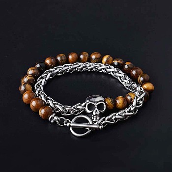 Natural Tiger Eye & Stainless Steel Skull Beaded Bracelet with Wheat Chains, 8-1/4 inch(21cm)