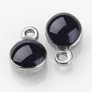 304 Stainless Steel Charms, with Enamel, Enamelled Sequins, Flat Round, Stainless Steel Color, Black, 13x10x4.5mm, Hole: 1mm