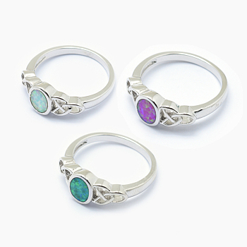 Synthetic Opal Finger Rings, with Brass Findings, Long-Lasting Plated, Flat Round, Mixed Color, Platinum, US Size 7 1/4(17.5mm)