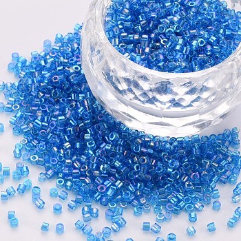 Glass Cylinder Beads, Seed Beads, Transparent Colours Rainbow, Round Hole, Dodger Blue, 1.5~2x1~2mm, Hole: 0.8mm, about 8000pcs/bag, about 1pound/bag