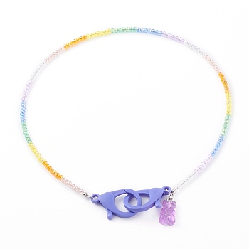 Rainbow Personalized Electroplate Glass Beaded Necklaces, Eyeglass Chains, Handbag Chains, with Resin Bear Pendants and Plastic Lobster Claw Clasps, Lilac, 19.49 inch(49.5cm)
