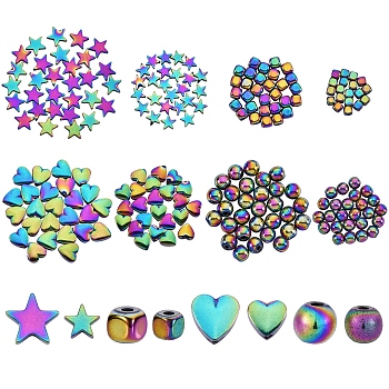 240Pcs 8 Style Electroplate Non-magnetic Synthetic Hematite Beads, Star & Heart & Round & Cube, 30pcs/style