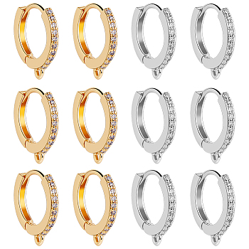12Pcs 2 Colors Brass Micro Pave Clear Cubic Zirconia Hoop Earring Findings, with Horizontal Loops, Long-Lasting Plated, Platinum & Golden, 15x14x2mm, Hole: 1mm, Pin: 1mm, 6pcs/color