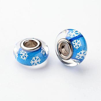 Resin European Beads, Christmas Theme, Large Hole Rondelle Beads, with Snowflake Pattern and Brass Double Cores, Platinum, Deep Sky Blue, 14x8mm, Hole: 5mm