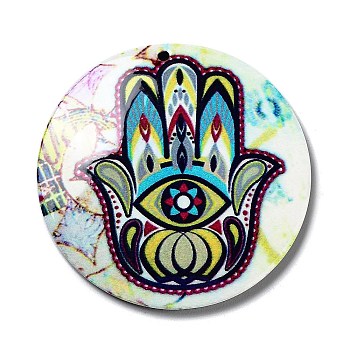 Opaque Acrylic Pendants, Flat Round with Hamsa Hand & Evil Eye, Colorful, 42.5x2mm, Hole: 1.5mm