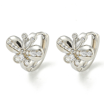 Brass Hoop Earrings, with Clear Cubic Zirconia, Butterfly, Platinum, 12.5x13mm