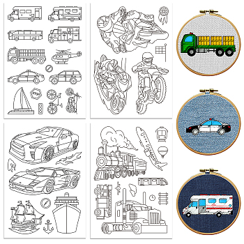 4 Sheets 11.6x8.2 Inch Stick and Stitch Embroidery Patterns, Non-woven Fabrics Water Soluble Embroidery Stabilizers, Vehicle, 297x210mmm