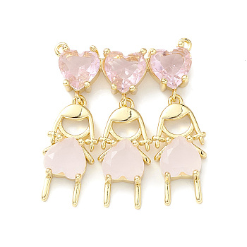 Rack Plating Brass Pendant, with Pink Glass, Lead Free & Cadmium Free, Triple Girl Charms, Real 18K Gold Plated, 34x28x5.5mm, Hole: 1mm